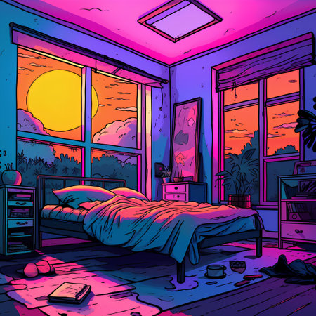 Bedroom with big window. Vector illustration in a cartoon style.の素材