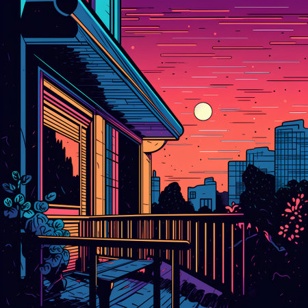 Night cityscape with a wooden balcony. Vector illustration in retro style.の素材