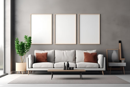 Interior of modern living room with gray walls, concrete floor, comfortable white sofa, coffee table and two vertical mock up posters. 3d renderingの素材