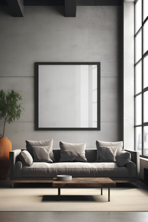 Interior of modern living room with gray walls, concrete floor, gray sofa standing near round coffee table and vertical mock up poster frame. 3d renderingの素材