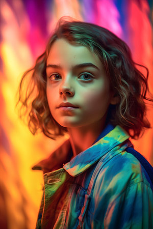 Portrait of a cute little girl in a bright T-shirt on a colorful background.の素材