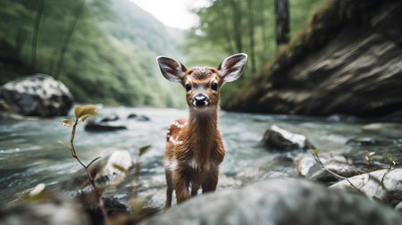 Beautiful young deer in the forest. Wildlife scene from nature.の素材