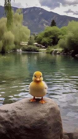 Duckling on the shore of a lake with mountains in the backgroundの素材
