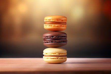 Macaroons on wooden table in front of defocused background.の素材