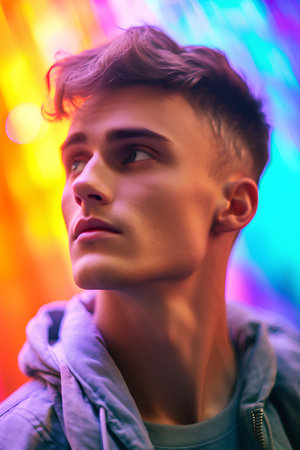 Portrait of a handsome young man on a colorful background. Men's beauty, fashion.の素材