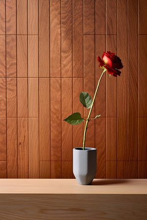 Red rose in a vase on a wooden background. 3d renderingの素材