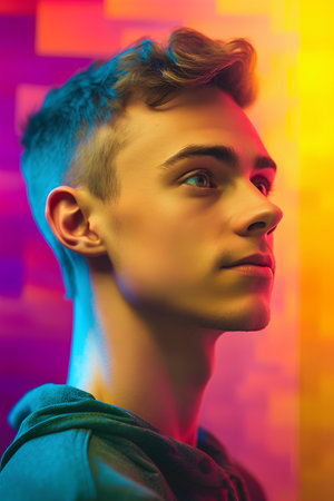 Portrait of a handsome young man with trendy hairstyle. Men's beauty, fashion.の素材