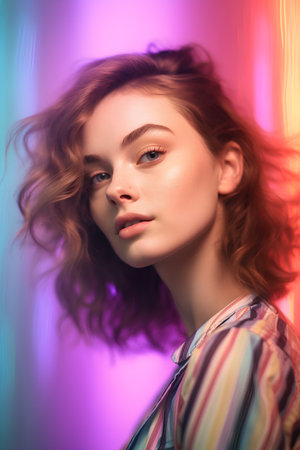 Portrait of a beautiful young woman with curly hair. Studio shot.の素材
