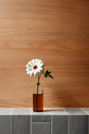 White daisy in a glass vase on the background of a wooden wallの素材