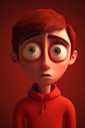 3d rendering of a boy in a red hoodie with big eyesの素材
