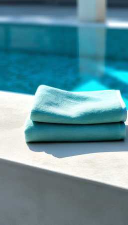 Blue towel on the edge of a swimming pool. Selective focus.の素材