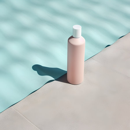 Blank cosmetic bottle mockup on swimming pool background. 3d renderの素材