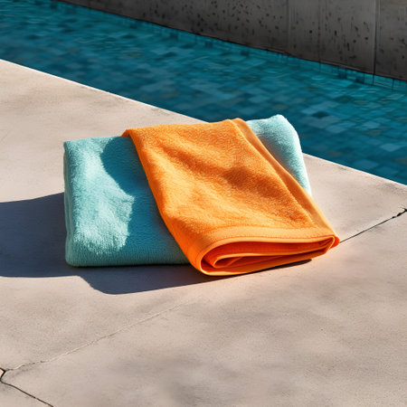 Colorful towels on the edge of a swimming pool. Toning.の素材