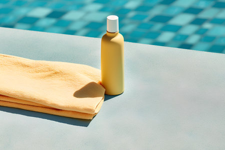 Sunscreen bottle with towel on swimming pool background. 3d renderingの素材