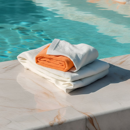 White and orange towels on the edge of a swimming pool in a hotelの素材
