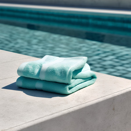 Green towel on the edge of a swimming pool with a blue waterの素材