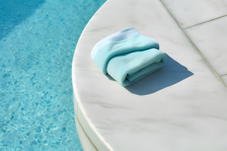 Blue towel on the edge of a swimming pool. Vacation conceptの素材