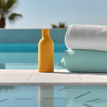 Sunscreen and towels on the swimming pool. 3d rendering.の素材