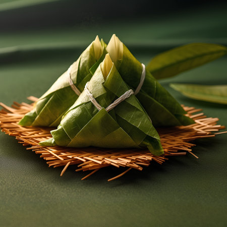Thai dessert made of glutinous rice wrapped in banana leaves.の素材