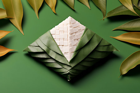 Creative layout made of tropical leaves and white chocolate bars on green background. Minimal summer conceptの素材
