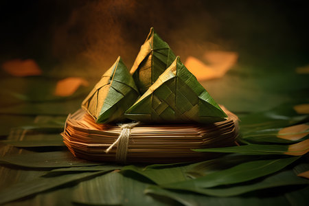Rice dumplings in bamboo basket on green leaves background.の素材