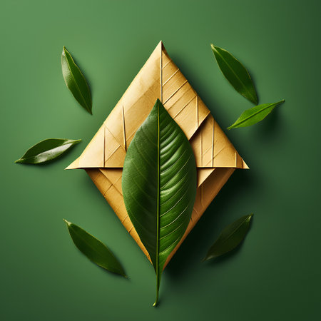 Origami envelope with green leaves on green background. 3d renderingの素材