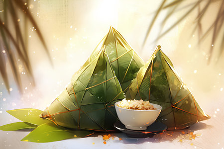 Rice dumplings on bamboo background. 3D rendering.の素材