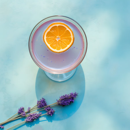 Lavender cocktail with orange slice and lavender flowers on blue backgroundの素材