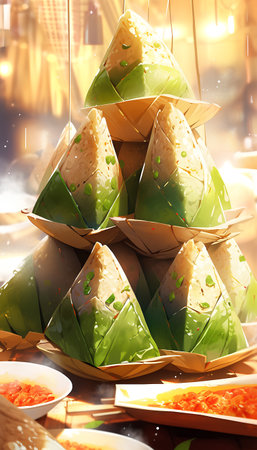 Rice dumplings in a pyramid on a light background.の素材