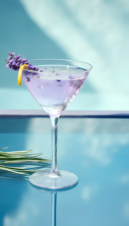 Lavender cocktail in a martini glass on a swimming pool backgroundの素材