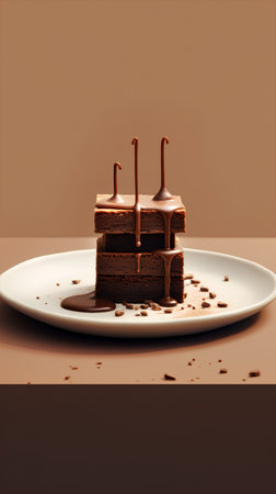 Piece of chocolate cake on a plate on a brown background. 3d renderingの素材