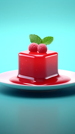 Panna cotta with raspberries and mint on a blue backgroundの素材