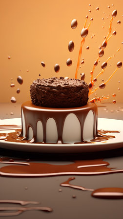 Chocolate cake with splashes of melted chocolate. 3d renderingの素材