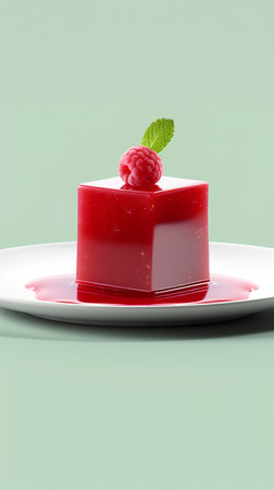 Panna cotta with raspberries and mint on a plateの素材