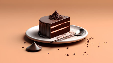Piece of chocolate cake on a plate. 3d render.の素材