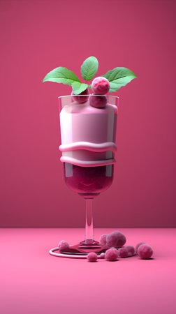 Raspberry dessert in a glass on a pink background. 3d renderingの素材
