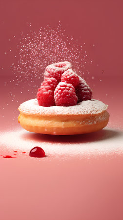 Donut with raspberries and powdered sugar on a pink backgroundの素材