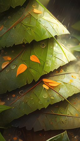 Banana leaves in the rain. Natural background. Toned.の素材