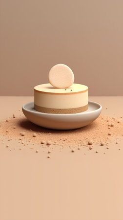 3d rendering of a cake on a plate with sand in the backgroundの素材