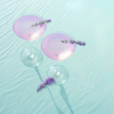 Glasses of pink cocktail with lavender flowers on water surface. 3d renderの素材