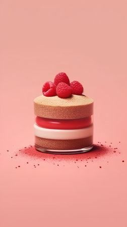 Piece of cake with raspberries and cream on pink backgroundの素材
