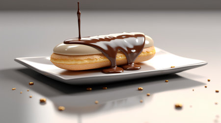 3d render of eclairs with chocolate syrup on white plateの素材