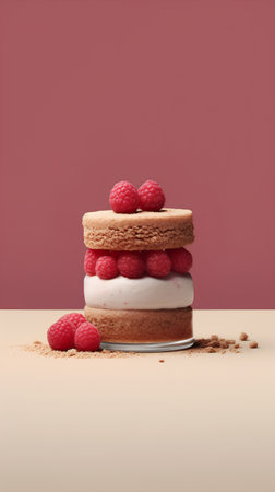 Tasty macaroon with raspberries on pastel backgroundの素材