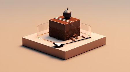Chocolate cake in a glass box on a brown background. 3d renderingの素材