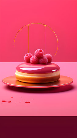 3d rendering of a donut with raspberries on a pink backgroundの素材