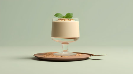 3d illustration of a glass of dessert tiramisu decorated with mint leaves and a spoon on a plate.の素材