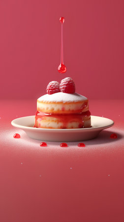 3d rendering of a stack of pancakes with raspberries on a red backgroundの素材