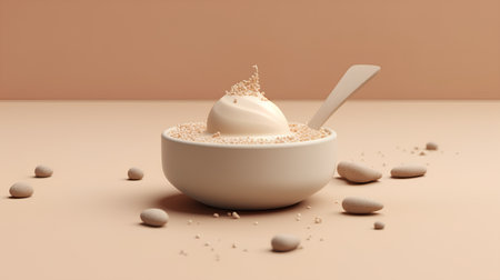 3d render of a bowl of yoghurt with a spoonの素材