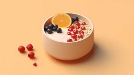 Healthy breakfast with oatmeal, berries and lemon on orange backgroundの素材