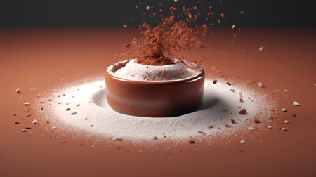 Cocoa powder in a clay bowl on a brown background.の素材